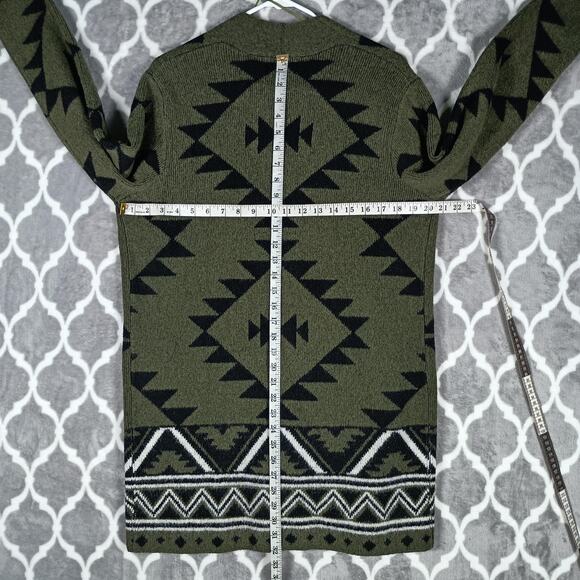 Frye Cardigan Women Size Medium Green Aztec Southwestern Knit Open Front Long - Picture 4 of 7